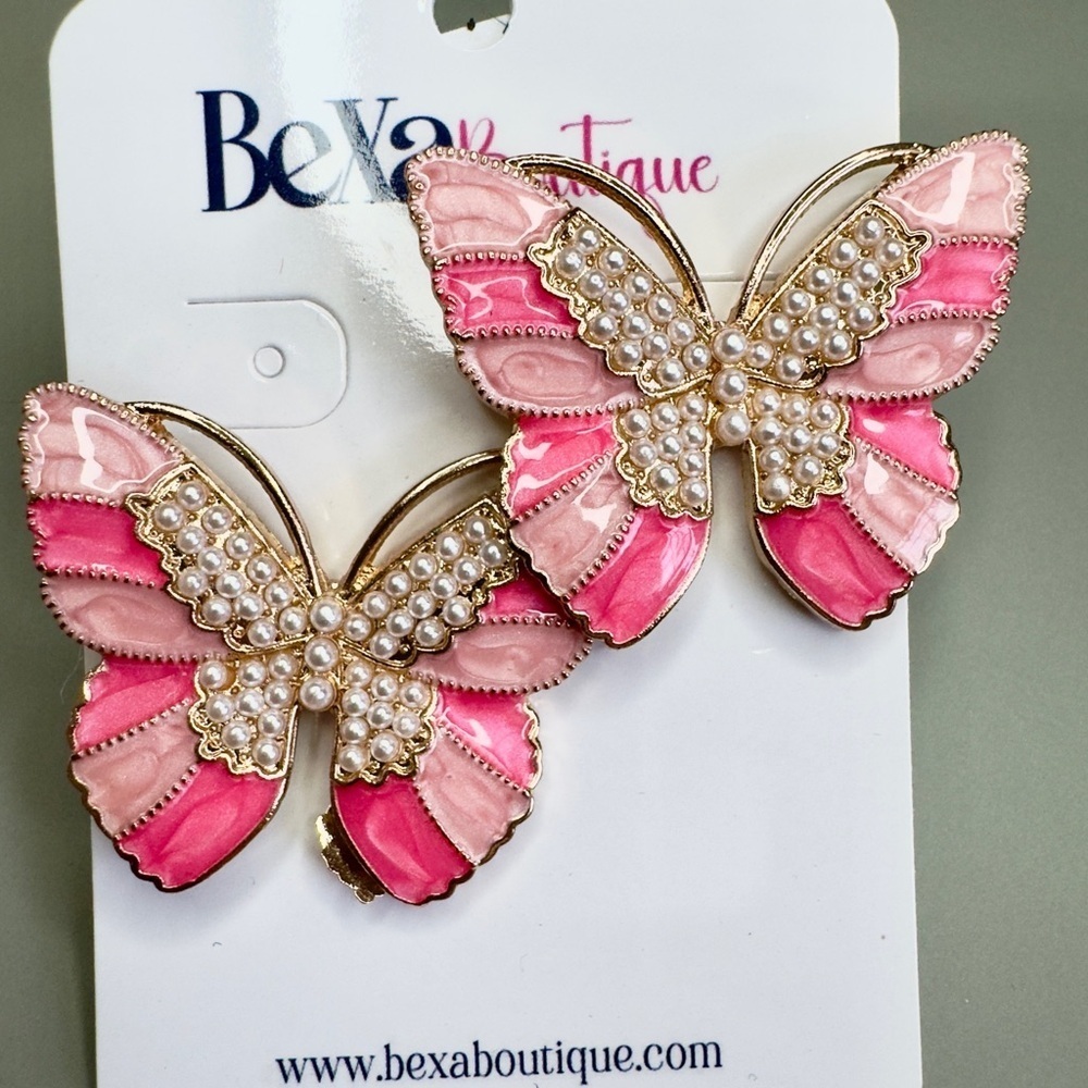 Pink Butterfly Earrings with Pearls